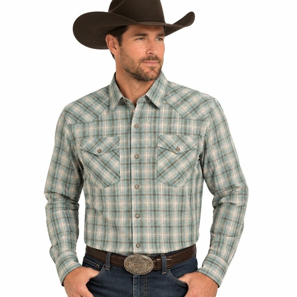 Wrangler Shirt Mens XL Western Plaid Teal Brown Long Sleeve Button Up 112330910